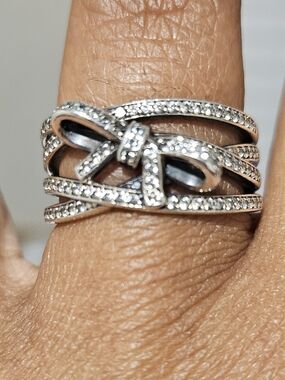 Pandora Silver Bow Ring with Pavé STONES/ NOT DIAMONDS SIZE 9